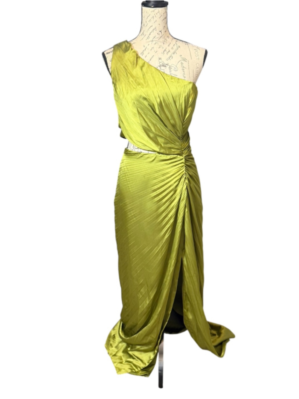 Abercrombie & Fitch One Shoulder Green SatinPleated Maxi Dress Size Large